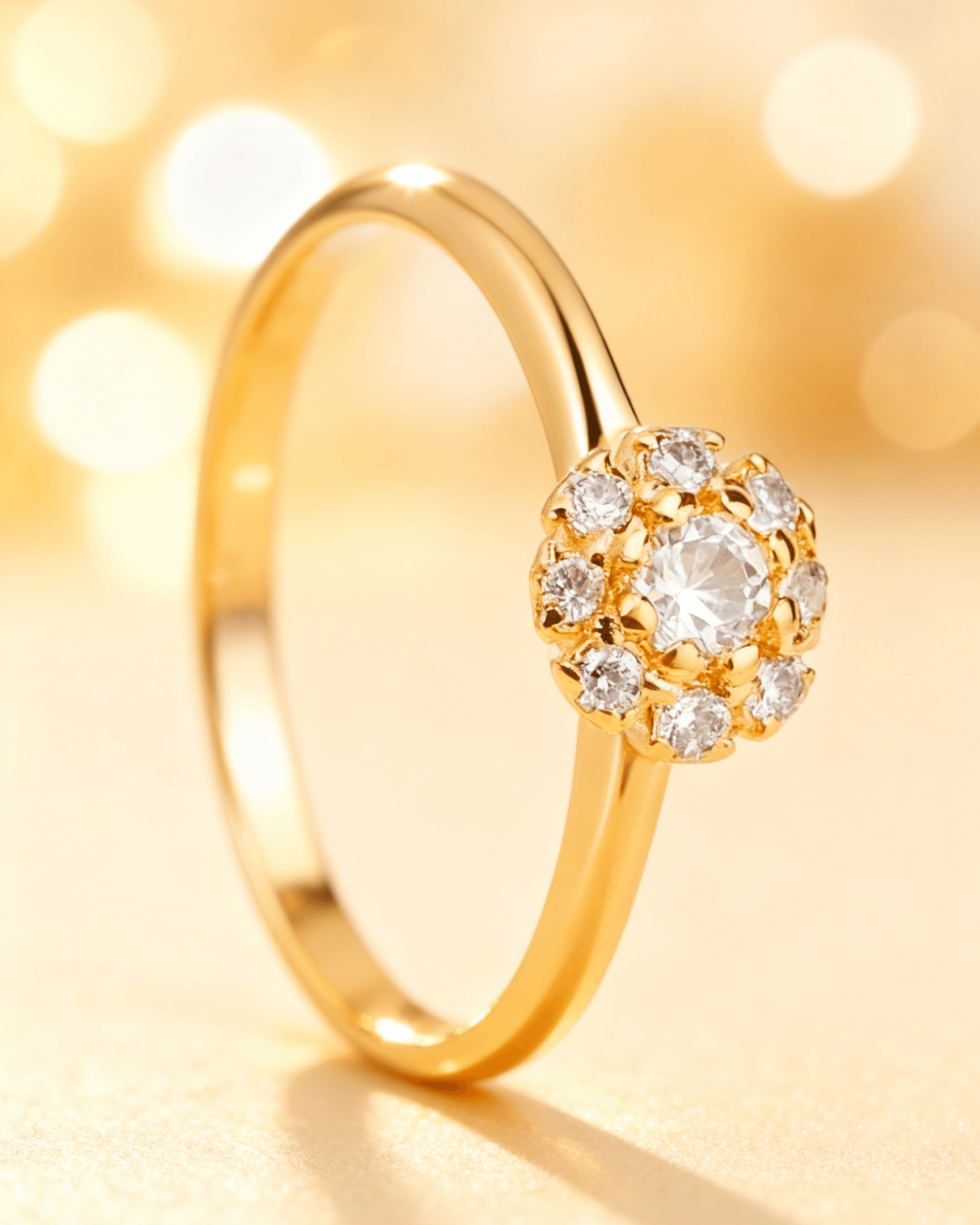 Detalhe macro do Anel Dourado com 9 Zircônias Auvane com brilho do dourado