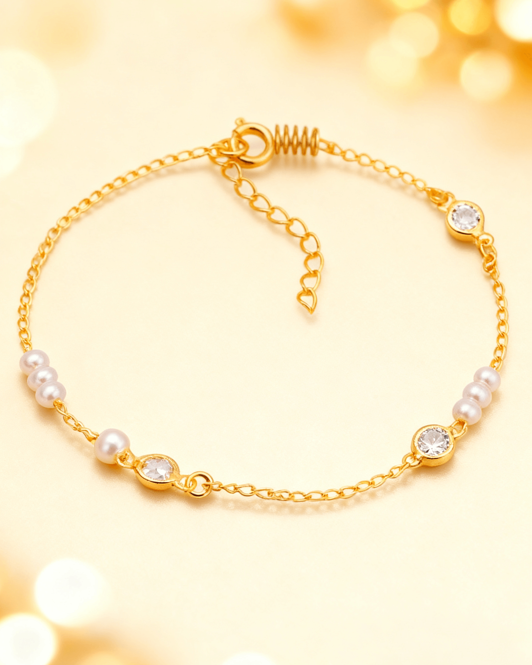 Detalhe macro do Pulseira Dourada de Pérolas com Ponto de Luz Auvane com brilho do dourado
