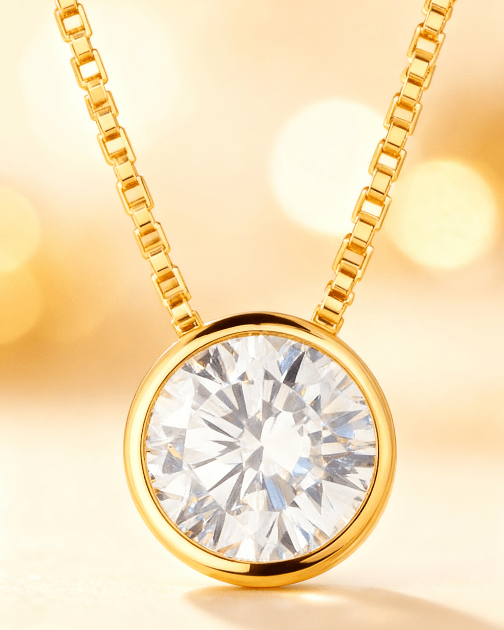Detalhe macro do Colar Dourado Ponto de Luz com Zircônia Auvane com brilho do dourado